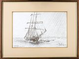 a drawing of a boat in the water with a boat in the background