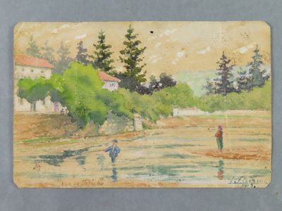 une image représentant un tableau où l'on voit deux personnes en train de pêcher dans une rivière