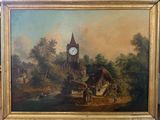 un tableau représentant une église sur laquelle figure une horloge