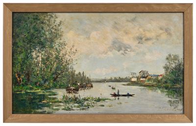 tableau représentant une scène fluviale avec un bateau au premier plan et une maison au loin