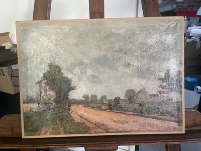 une peinture à l'huile représentant une scène champêtre, posée sur un chevalet en bois
