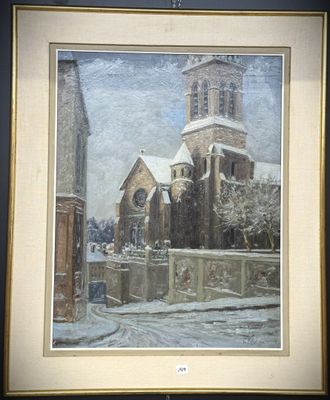 tableau représentant une église en hiver, avec de la neige au sol