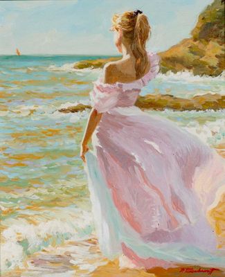 tableau représentant une femme en robe rose debout sur une plage