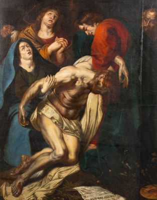 an image of a painting of jesus being taken from the cross