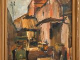 an oil painting of a street scene with a truck and people