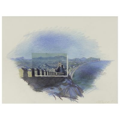 tableau représentant un homme assis sur un banc face à l'océan