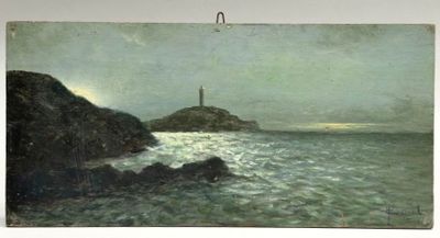 an image of a painting of a lighthouse on a cliff by the ocean