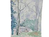 watercolor painting of a house in a wooded area with trees in the foreground