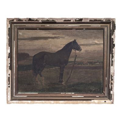 painting of a horse in a field with sheep in the background