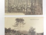 two pictures of a group of people riding horses in the woods