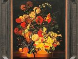 un tableau représentant des fleurs et des fruits dans un vase posé sur une table