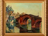 une peinture représentant un pont au-dessus d'une rivière avec des bâtiments à l'arrière-plan