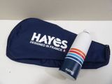 a blue bag with a bottle of water next to it