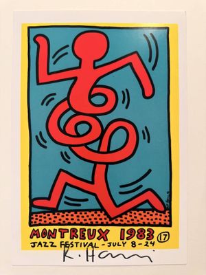 an image of a red and blue poster with a man running