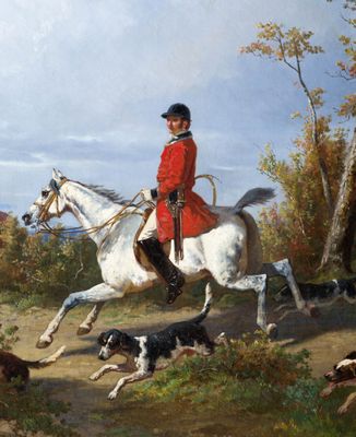 un tableau représentant un homme à cheval, avec un chien à ses côtés