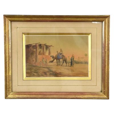 tableau représentant un homme à cheval devant un bâtiment