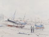a painting of a couple of boats on the beach