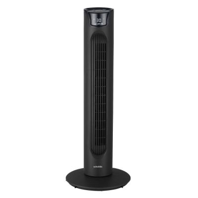 un ventilateur colonne noir posé sur un pied noir