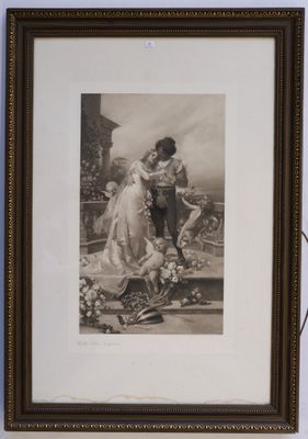 an old black and white photo of a man and woman in a garden
