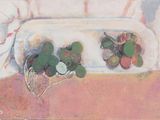 a painting of fruit on a plate on a table