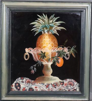a painting of a pineapple and oranges in a vase
