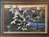 a painting of a boat with seagulls flying around it
