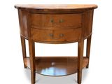 an image of a wooden table with drawers and a shelf