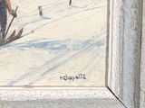 a painting of a man riding skis down a snowy hill