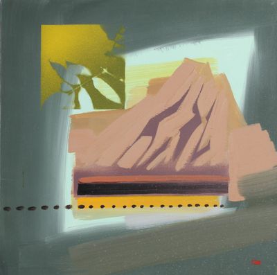an image of a painting of a mountain in a window