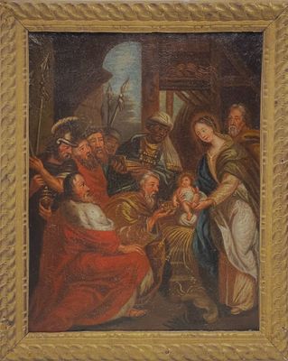 une peinture à l'huile représentant une crèche avec une mangeoire et d'autres personnages