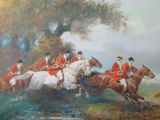 a painting of a group of men riding horses in a field