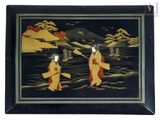 painting of two women in kimono robes walking on a beach