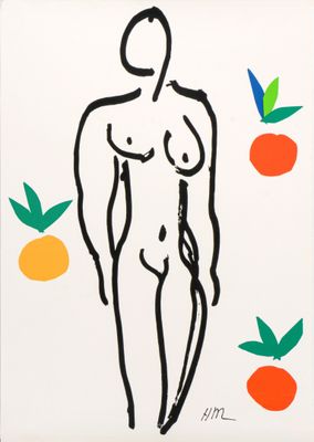 une image représentant un dessin d'une femme nue entourée d'oranges