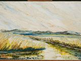 an oil painting of a river running through a field of grass
