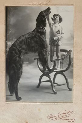 black and white photograph of a boy standing next to a large dog