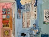 a drawing of a man sitting in a chair in a room
