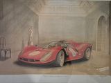 painting of a red sports car in a room with a chair