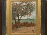an image of a painting of a tree and fence in a frame