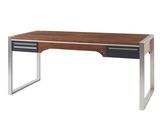 un bureau en bois avec des pieds en métal et des tiroirs, sur fond blanc