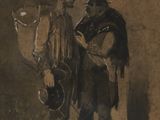 tableau représentant deux hommes debout côte à côte dans une pièce sombre