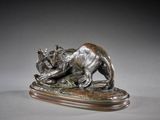 bronze sculpture of a rhinocer and a rhinocer on a wooden base