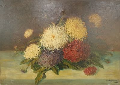 S. AMAURS ( ??? ) Bouquet de Chrysanthèmes sur un entablemen…