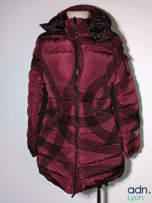 the jacket is red and black and has a hood on it