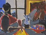 une peinture représentant une femme assise sur un canapé avec un chat