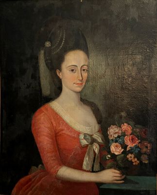 painting of a woman in a red dress holding a bouquet of flowers