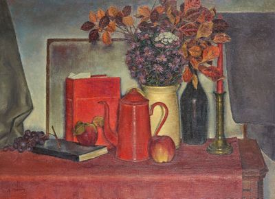 un tableau représentant un vase de fleurs et un livre posés sur une table