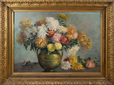 une peinture de fleurs dans un vase sur une table