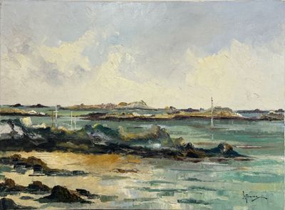 tableau représentant une vue sur l'océan depuis une plage, avec un bateau au loin