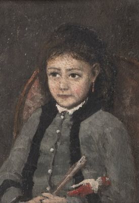 portrait of a young girl in a chair with a book and a brush