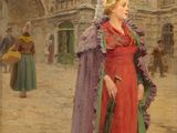painting of a woman in a red dress standing in front of a building